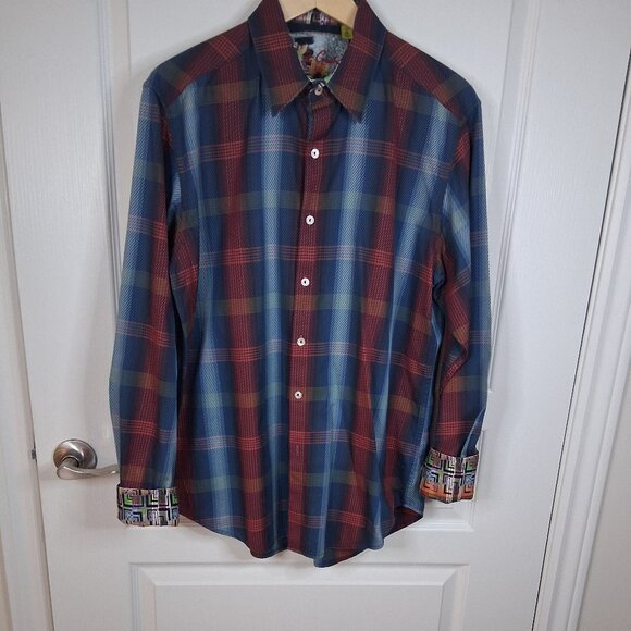 Robert Graham Shirt Men's M Button Down Long Sleeve Blue Red Cotton Flip Cuff - Picture 1 of 5